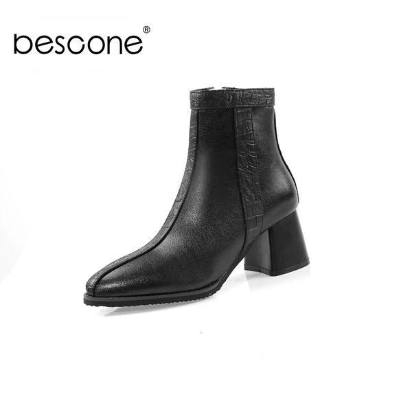 

bescone ladies mid-calf boots winter handmade pointed toe zipper square heel shoes basic warm super high heel women boots bm84, Black