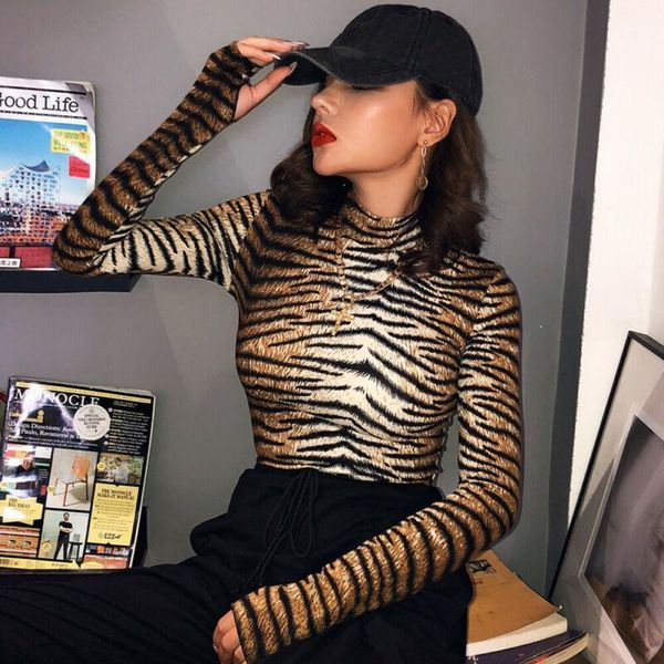 

women tiger striped turtle neck bodysuits lady clubwear long sleeve stretch leotard bodycon bodysuit romper night club 20191, Black;white