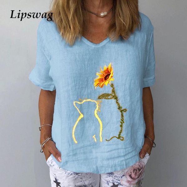 

elegant floral print linen cotton blouse shirt women 2021 summer v neck short sleeve lady 3xl new casual plus size blouses, White