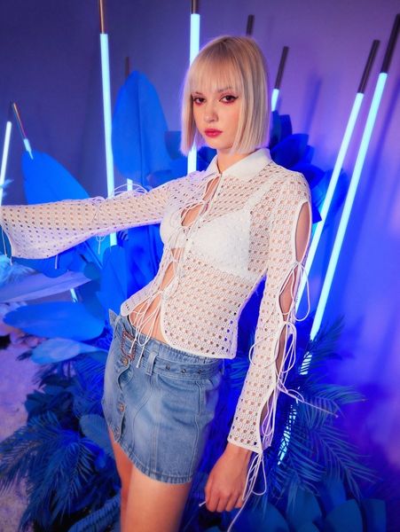 

tie front open knit without bra f2bp#, White