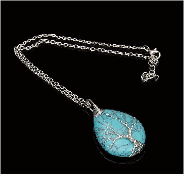 

silver color tree of life necklace pendant wire wrap natural stone gem pink quartz tiger eye green aventurine suspension qyldtj, Black