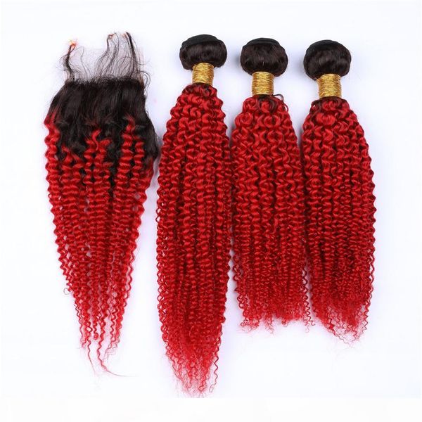 

#1b red ombre kinky curly peruvian human hair weaves with closure 3bundles bright red ombre human hair wefts with 4x4 lace front closure, Black;brown