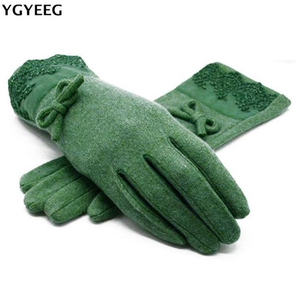 

ygyeeg wool cashmere warm for women winter bow decorations female full finger gloves good quality mittens feminina luva