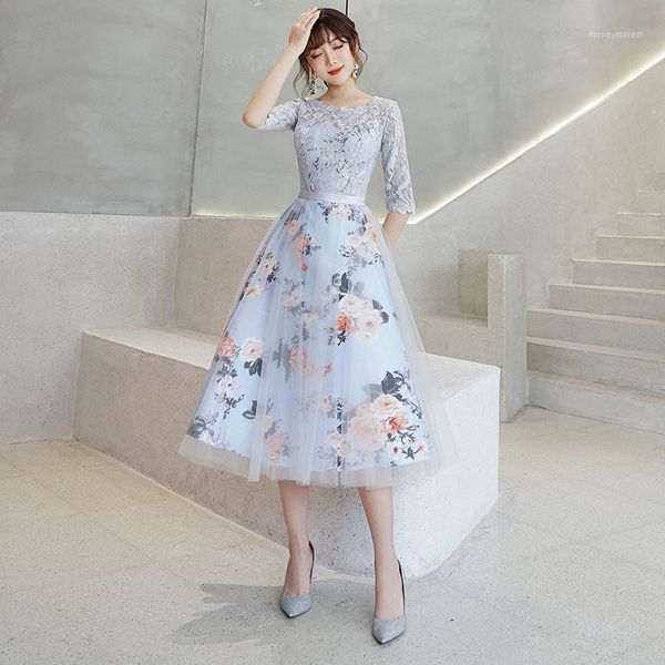 

party dresses arrival 2021 jewel collar lace a line cocktail for girls half sleeves floral printed short gown1, White;black