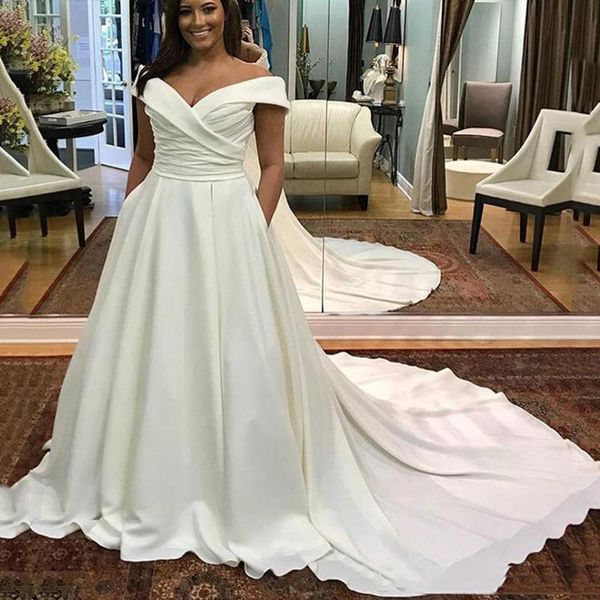 

off shoulder plus size a line wedding dresses with pockets sweep train satin short sleeves wedding bridal gowns, White