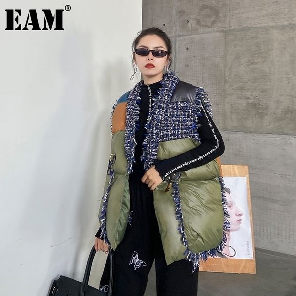 

[eam] women loose army green cotton padded tweed big size warm vest new v-collar sleeveless fashion autumn winter 1dd0490 201102, Black;white
