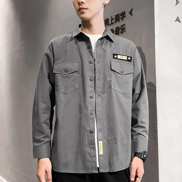 

brin wolf 2020 spring men shirts new double chest pockets loose shirts men khaki shirt 100% cotton plus size clothes1, White;black