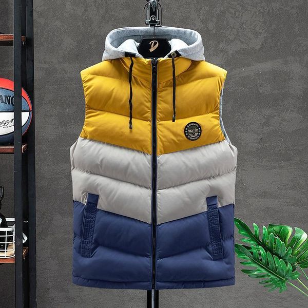 

men's vest 2020 autumn and winter new color matching vest thick warm men's hooded vest jacket, Black;white