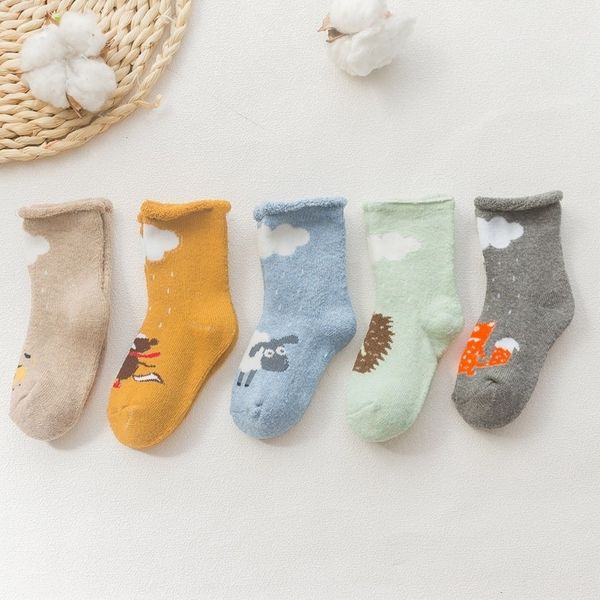 

5 pairs/pack newborn baby boys girls socks autumn/winter casual cartoon pattern cotton warm children's terry-loop hosiery y201009, Pink;yellow