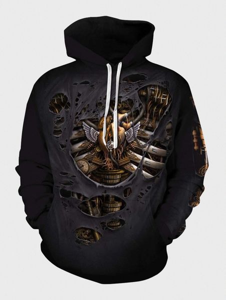 

men graphic print kangaroo pocket drawstring hoodie p11u#, Black