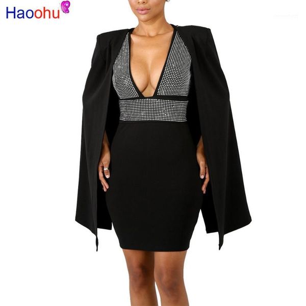 

two piece rhinestone bodycon dress with cloak women fall 2018 new deep-v elegant dress casual mini party dresses1, Gray