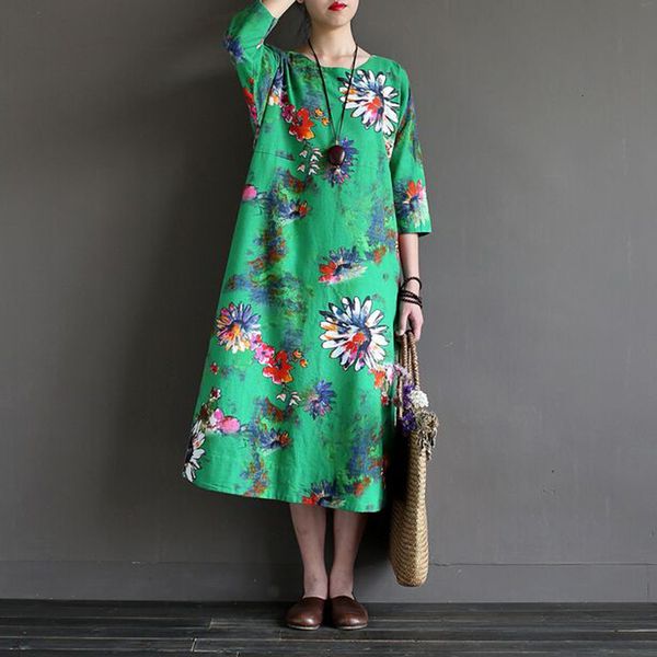 

new summer women's fashion in large linen print loose robe maxi dress