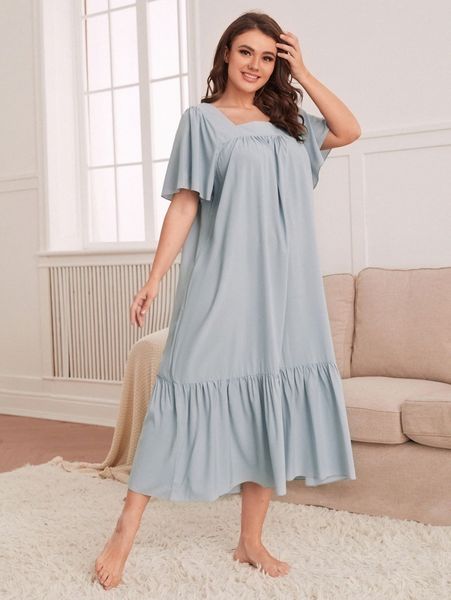 

plus square neck butterfly sleeve ruffle hem nightdress l8gk#, Black;white