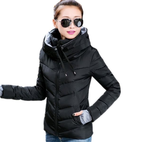 

causal ladies solid padded jacket short autumn winter wadded jacket women hooded coats female parkas with gloves overcoat 201217, Black