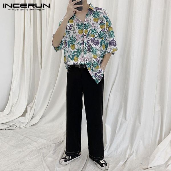 

incerun men printed shirts casual pineapple pattern half sleeve turn down collar shirt man summer vacation hawaiian beach 1, White;black