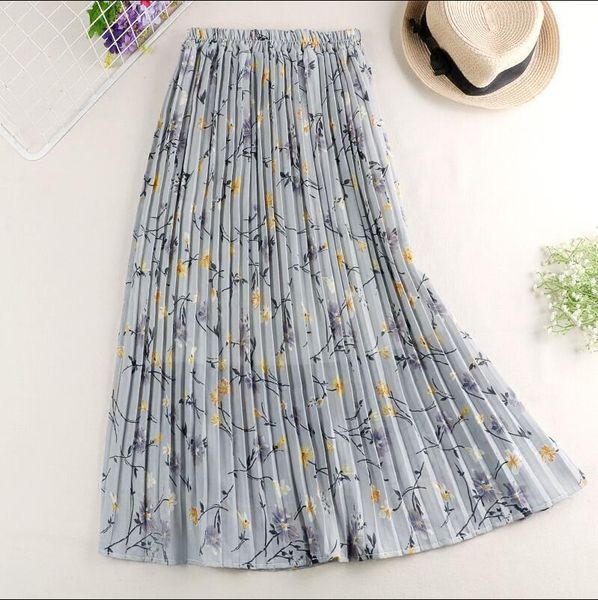 

women skirts elastic high waist pleated skirt elegant flower print midi skirt faldas mujer moda 2019 summer chiffon skirts, Black