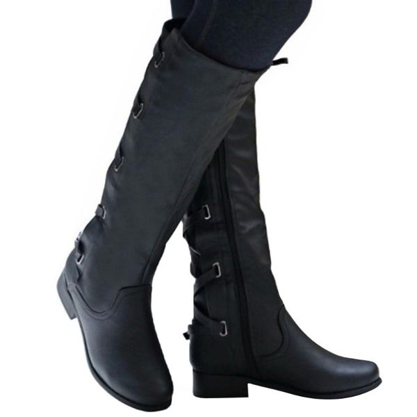 

selling women winter strappy knee high motorcycle riding flat low heel pu boots -b5, Black