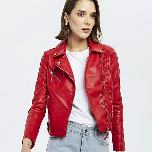 

autumn pu faux leather jacket women short red black female soft motorcycle jackets ladies fashion bike zipper coat clothing 201030