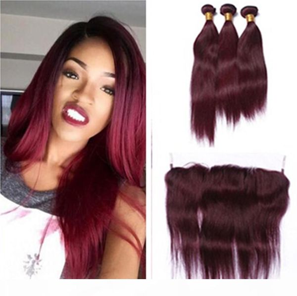 

burgundy straight hair bundles brazilian virgin human hair extensions 3pcs with 13*4 lace frontal silk straight hair wefts, Black;brown