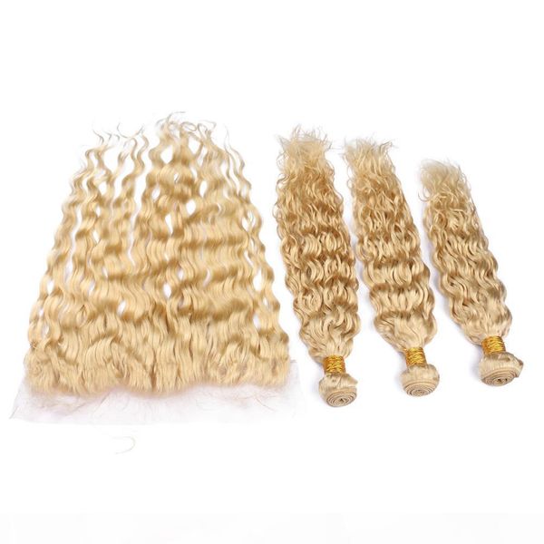 

#613 blonde peruvian wet and wavy human hair wefts with frontals water wave blonde 13x4 lace frontal closure with weaves 3 bundles, Black;brown