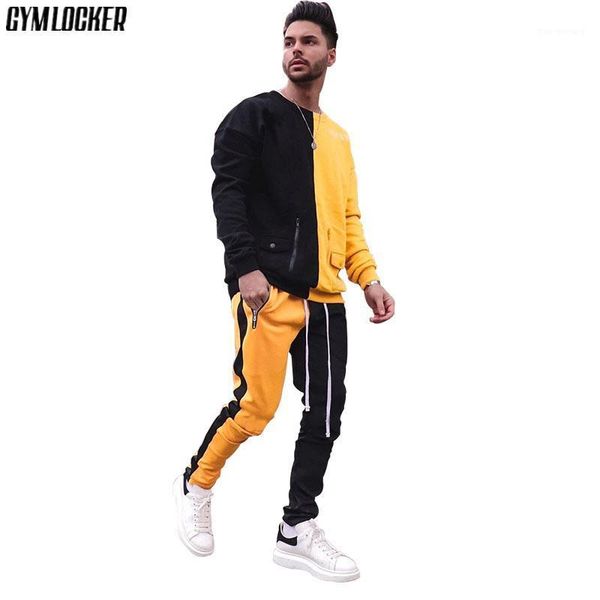 

gymlocker new mens tracksuit set two pieces autumn winter men's suit two-color stitching pant sweatshirt male sweatsuit1, Gray
