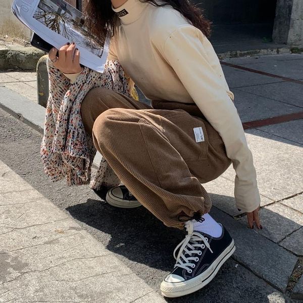 

women's pants & capris women trousers high waist streetwear korean tie feet casual pant fall 2021 size harajuku joggers wide leg sweatp, Black;white
