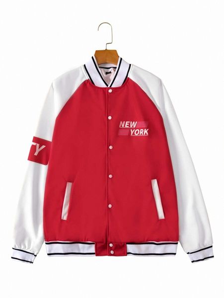 

romwe guys letter colorblock button front baseball jacket w2av#, Black;brown