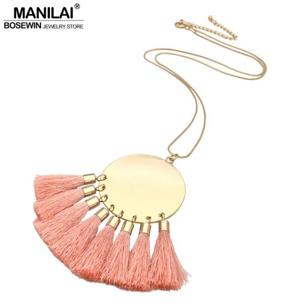 

manilai bohemian jewelry copper long chain gold color metal tassels pendant necklace women 2020 statement necklaces & pendants, Silver