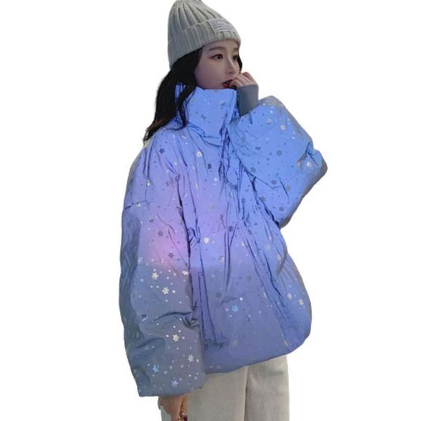 

5xl night reflected fluorescent snowflake loose bread winter jacket women ukraine parka manteau femme hiver plus size long coat, Black