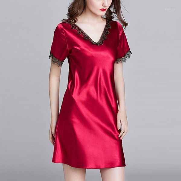 

lingerie sleepwear women lace satin short sleeved night dress v neck nightgowns summer fashion casual home nightwear1, Black;red