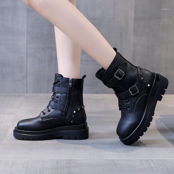 

good quality women motorcyle boots platform shoes chunky booties belt riding boot double buckle ladies shoes 2020 winter 8506l1, Black