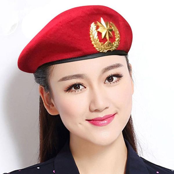 

high-q men women wool felt berets metal badge decor decor sailors dance performance hat trilby fans army cap adjustable, Blue;gray