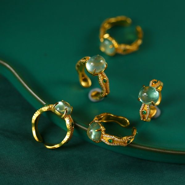 

vintage 925 стерлингового серебро позолоченного пренита gemstone женщины кольца trendy природного камень кольцо изящного ювелирные изделия о, Silver