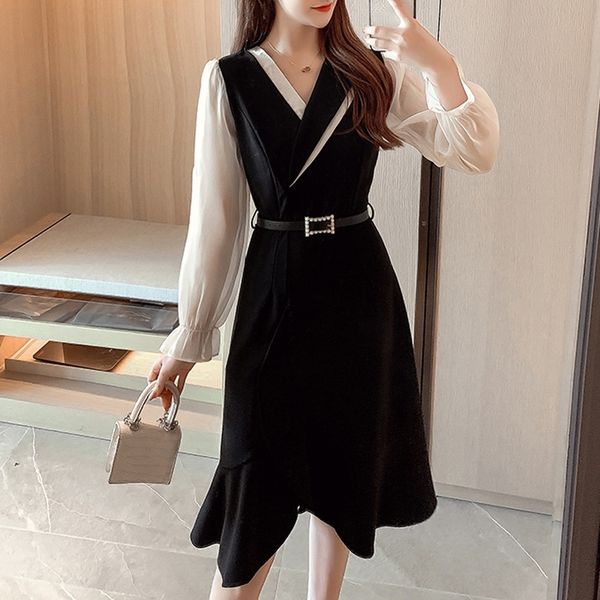 

x1c0c 2020 autumn new dress waist small ablack skirt mini slimming contrast for stitching aline dress elegant v-neck small line french color, Black;gray