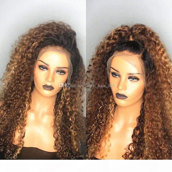 

brazilian ombre human hair kinky curly wig 150 density blonde ombre lace wig 1bt30 ombre full lace wigs with dark roots blonde hair, Black;brown