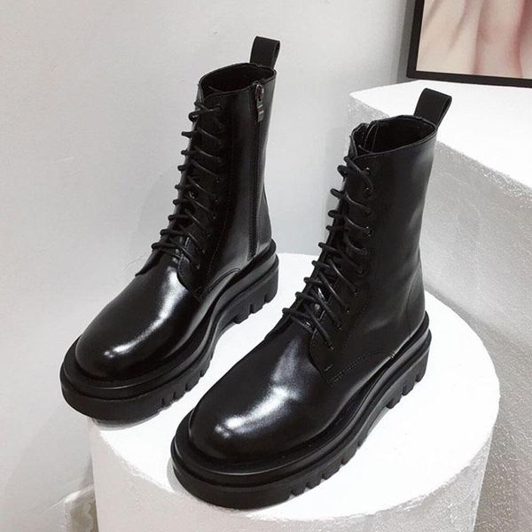 

boots women height increasing ankle microfiber leather thick bottom waterproof platform short motorcycle boot, Black