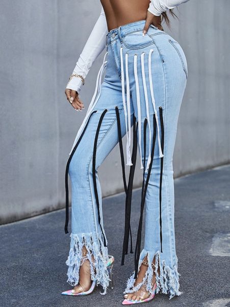 

sxy high waisted fringe trim raw hem flare leg jeans o8p7#, Blue