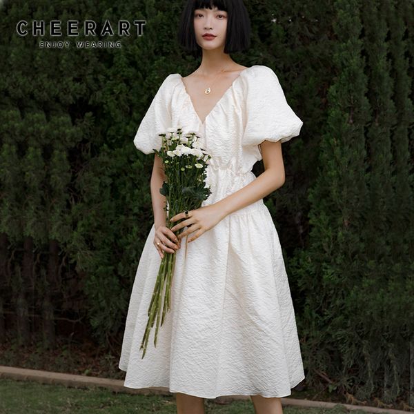 

casual dresses cheerart ruched white summer ball gown jacquard lantern sleeve v neck elegant dress women swing off shoulder 2021, Black;gray