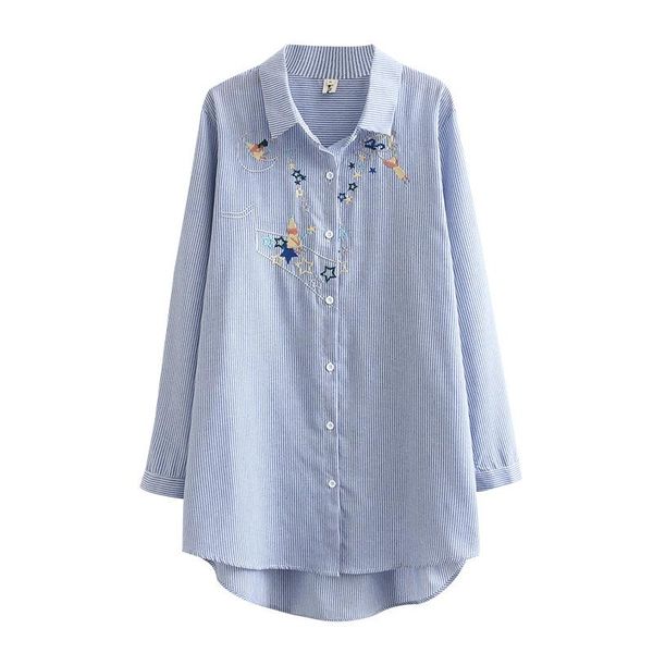 

autumn women shirts ladies solid female long sleeve blouses embroidered stars loose plus size clothing k71 2033, White