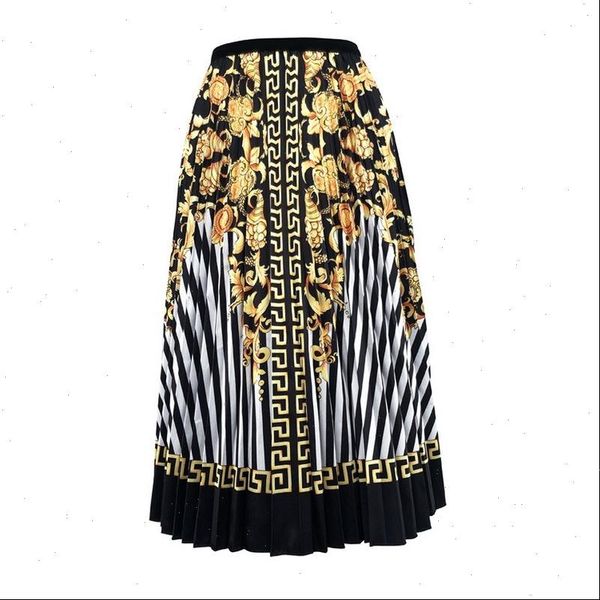 

women pleated print skirt retro pattern print pleated skirt a line casual tea length faldas women fashion skirts, Black