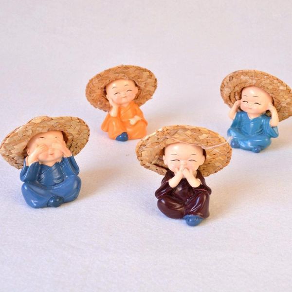 

decorative objects & figurines 4 pcs/set cute creative resin buddha statue monk with removable straw hat figurine crafts home decoration orn