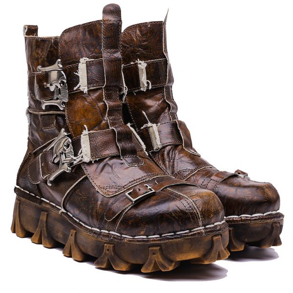 

men's vintage & unique look genuine leather ankle motorcycle military combat boots with skull 201027, Black