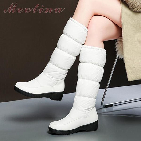 

boots meotina mid calf woman shoes med heel snow platform block heels round toe warm lady winter beige size 44, Black