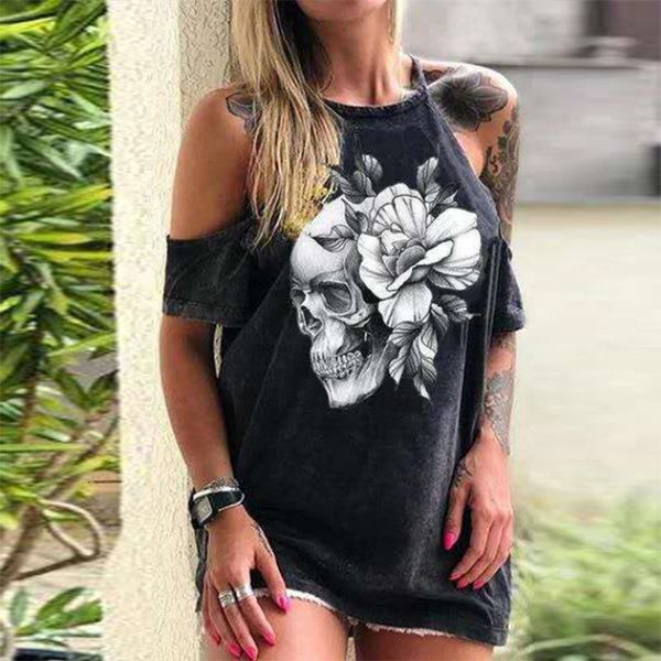 

punk style loose shirt blouse women skull flower print sleeveless blusa female off shoulder halter pullover shirts 3xl, White