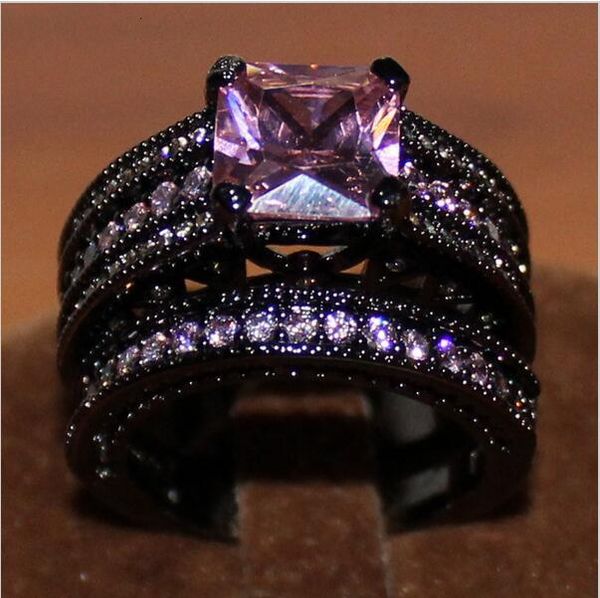 

women's black gold plated square pink sapphire stone cz wedding ring set, Silver