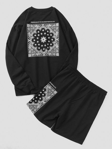 

men paisley print sweatshirt & drawstring waist shorts q3r8#, Gray