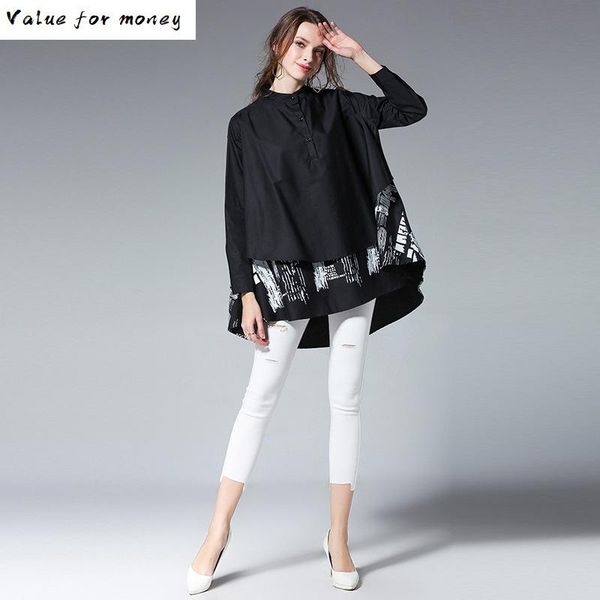 

2020 spring new autumn solid colour printed blouse long sleeve spliced stand big size loose woman shirt, White