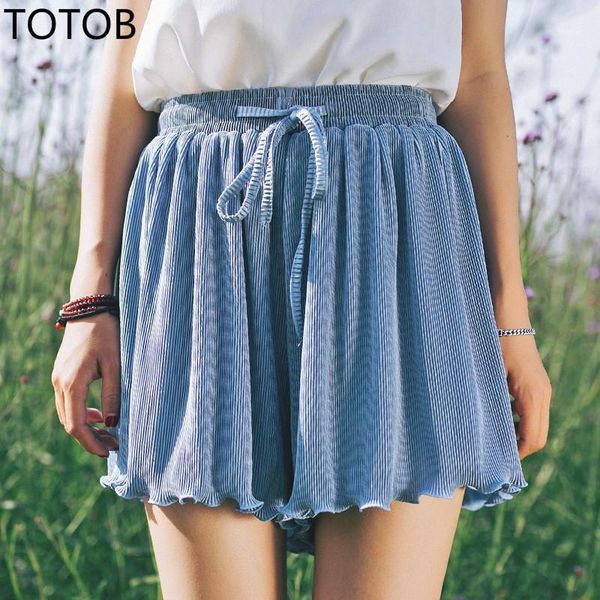 

totob casual women three points loose high waist wide legs home pants summer lace crease pleated chiffon was thin skirt1, Black;white