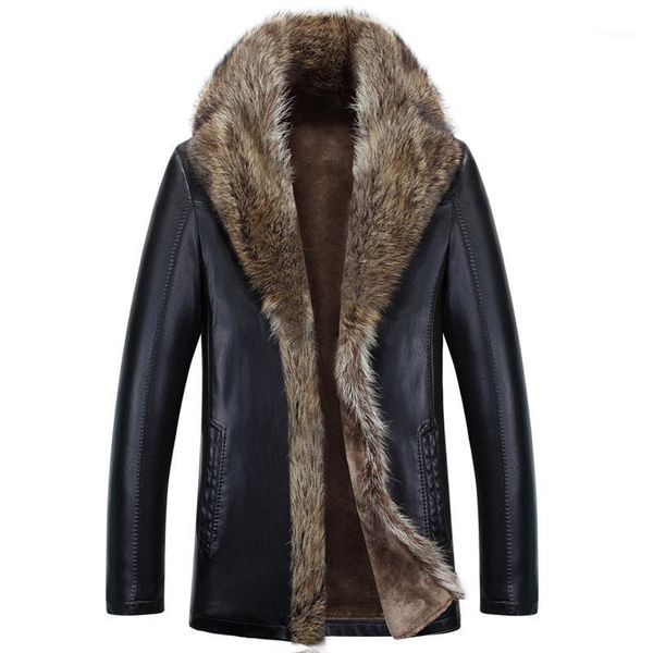 

winter sheep leather men raccoon fur men long solid color thickening velvet leather coat outerwear parkas mz11581, Black