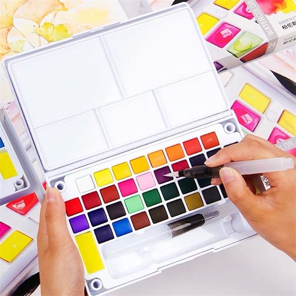 12/18/24/36 Renkler Taşınabilir Seyahat Katı Pigment Suluboya Boyalar Set Su Renkli Fırça Kalem Boyama Sanat Malzemeleri 201226